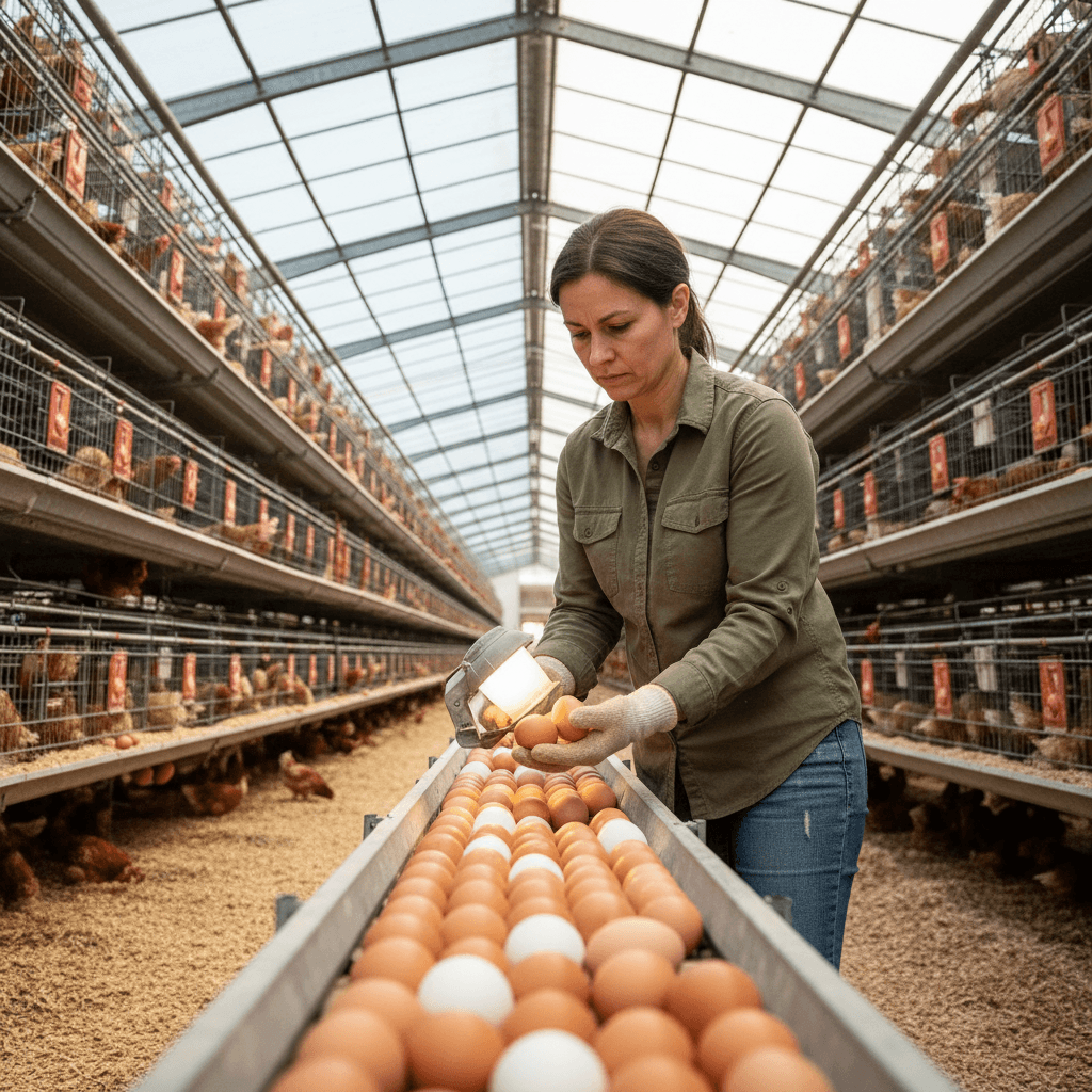 Female farmer in green shirt inspecting eggs at commercial layer farm in Uganda