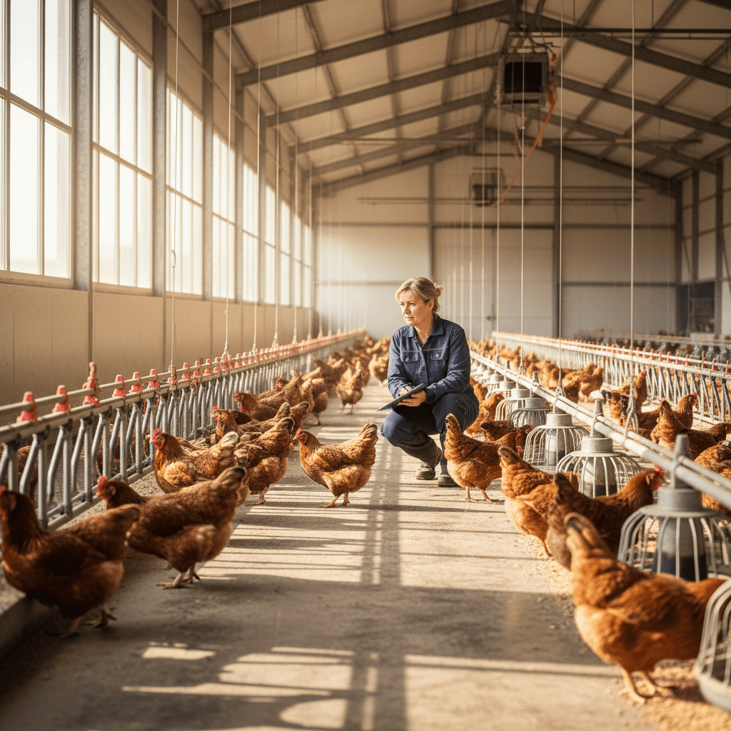 Male farmer in blue overalls examining healthy broiler chickens in modern poultry house